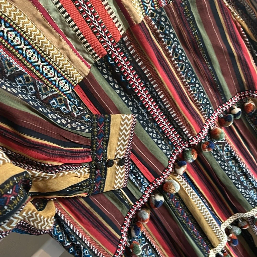 Zara Multicolor Pom Pom Trim Tiered Boho Maxi Dress Size Medium - Picture 7 of 16